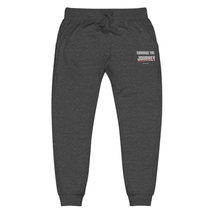 Embrace the Journey Joggers in Charcoal Heather — front view with embroidered left-thigh design