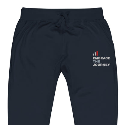 Embrace the Journey Clean Stack Joggers in Navy Blazer — close-up of the embroidered Clean Stack logo at the left thigh