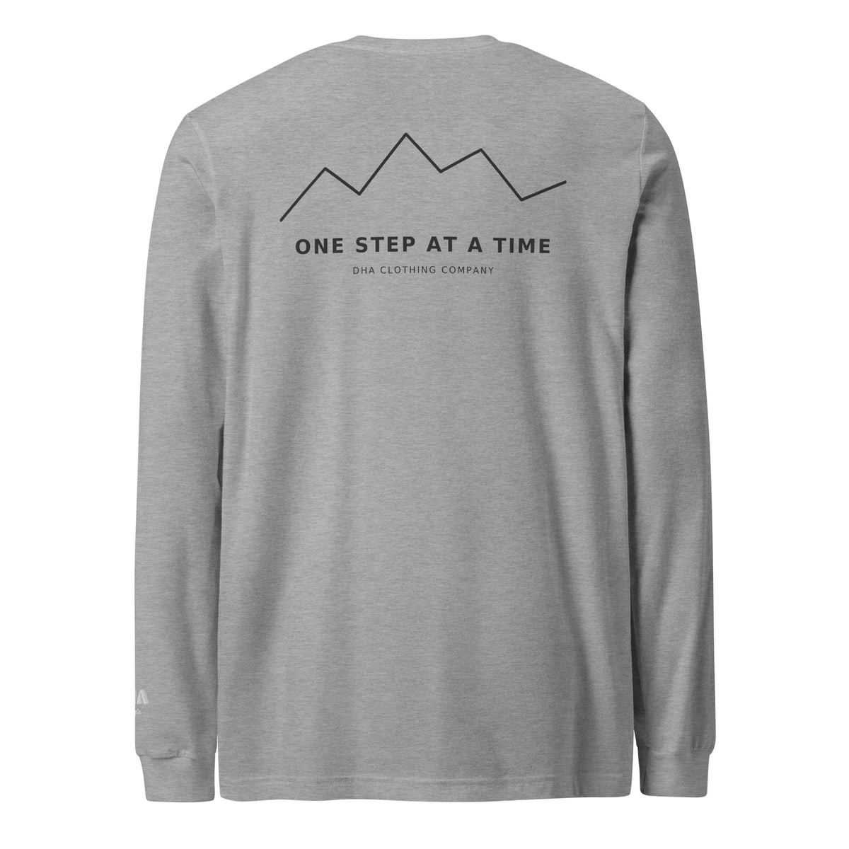 One Step at a Time Long Sleeve T-Shirt in Athletic Heather — back view with full One Step at a Time mountain graphic