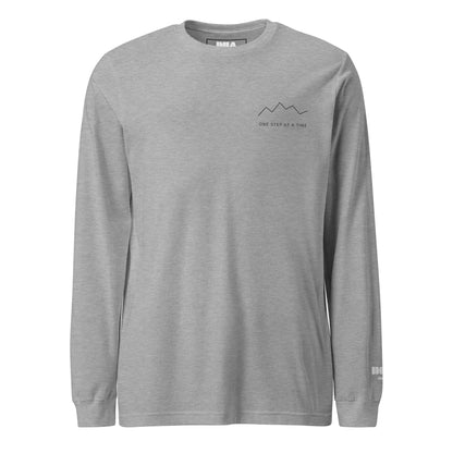 One Step at a Time Long Sleeve T-Shirt in Athletic Heather — front view with charcoal left-chest mountain print