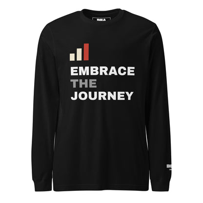 Embrace the Journey Clean Stack Long Sleeve T-Shirt in Black — front view with stacked wordmark print