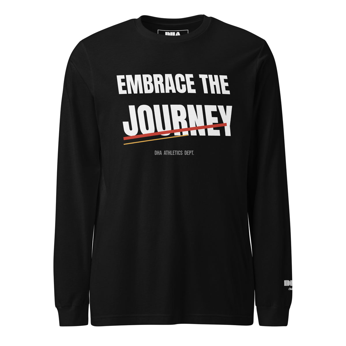 Embrace the Journey Athletic Long Sleeve T-Shirt in Black — front view with Speed Slash graphic