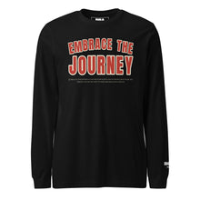 Embrace the Journey Long Sleeve T-Shirt in Black — front view with varsity arch print