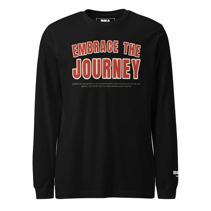Embrace the Journey Long Sleeve T-Shirt in Black — front view with varsity arch print