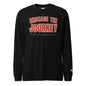 Embrace the Journey Long Sleeve T-Shirt in Black — front view with varsity arch print
