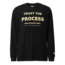 Trust the Process Long Sleeve T-Shirt in Black — front view with cream and mustard motivational print