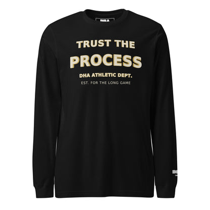 Trust the Process Long Sleeve T-Shirt in Black — front view with cream and mustard motivational print