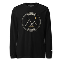 Summit long sleeve t-shirt in Black — front view with cream and gold Summit badge print