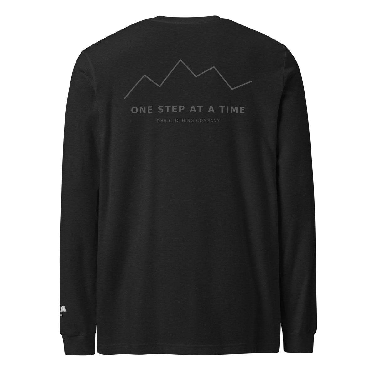One Step at a Time Long Sleeve T-Shirt in Black Heather — back view with full One Step at a Time mountain graphic, tone-on-tone