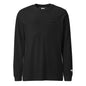 One Step at a Time Long Sleeve T-Shirt in Black Heather — front view with tonal charcoal left-chest mountain print