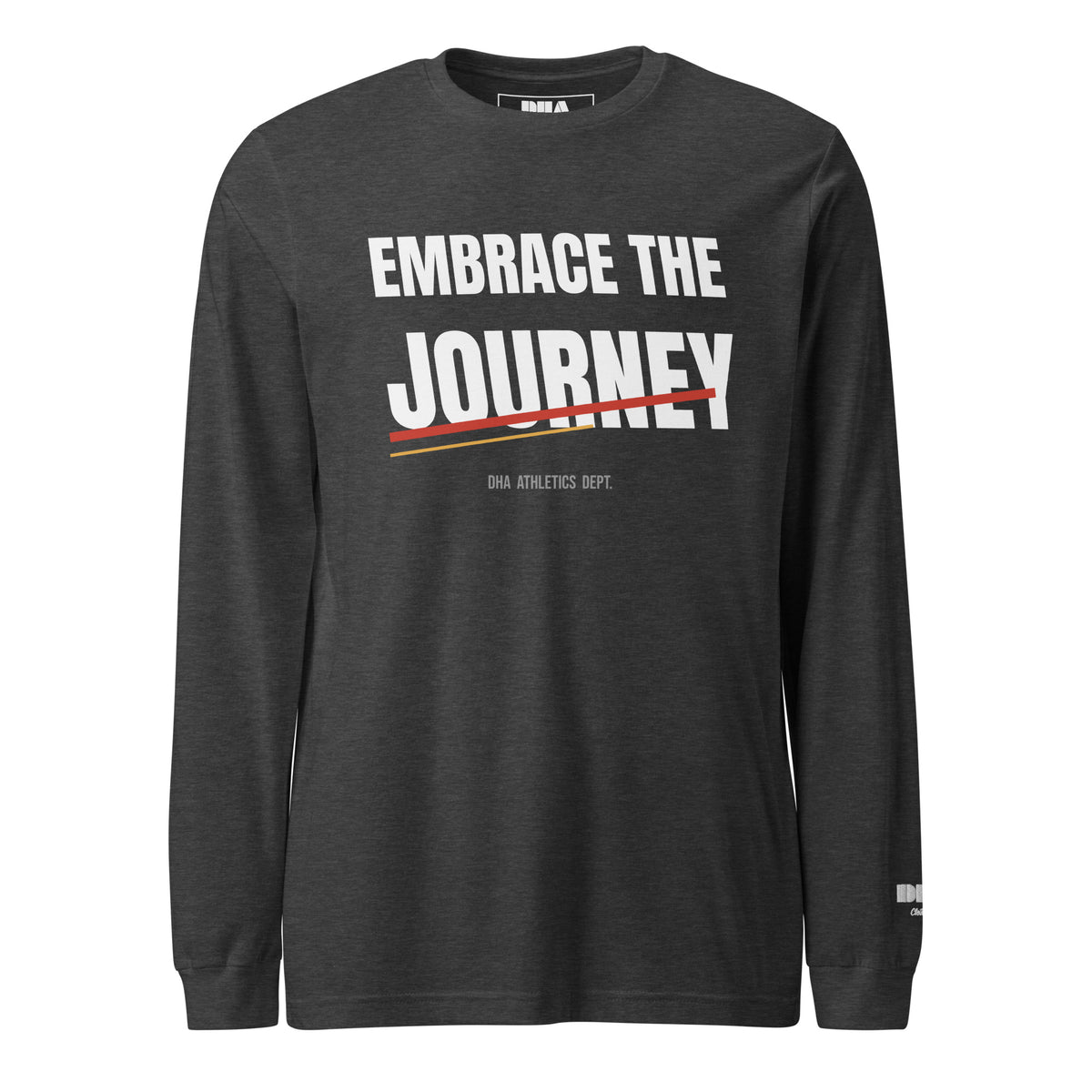 Embrace the Journey Athletic Long Sleeve T-Shirt in Dark Grey Heather — front view with Speed Slash graphic