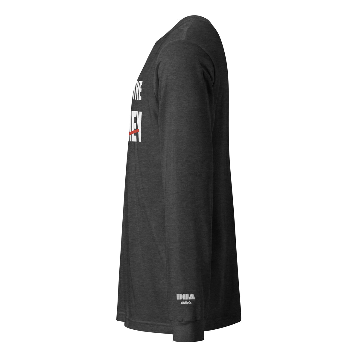 Embrace the Journey Athletic Long Sleeve T-Shirt in Dark Grey Heather — left side view