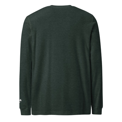 Summit Emblem long sleeve t-shirt in Heather Forest — back view