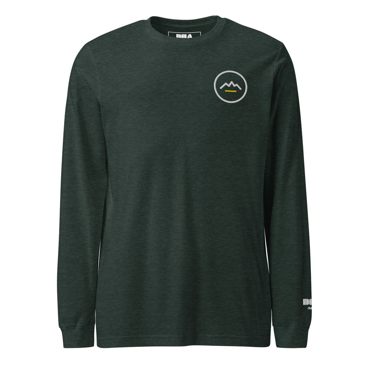 Summit Emblem long sleeve t-shirt in Heather Forest — front view with cream and gold Summit emblem embroidered at the left chest