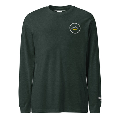 Summit Emblem long sleeve t-shirt in Heather Forest — front view with cream and gold Summit emblem embroidered at the left chest