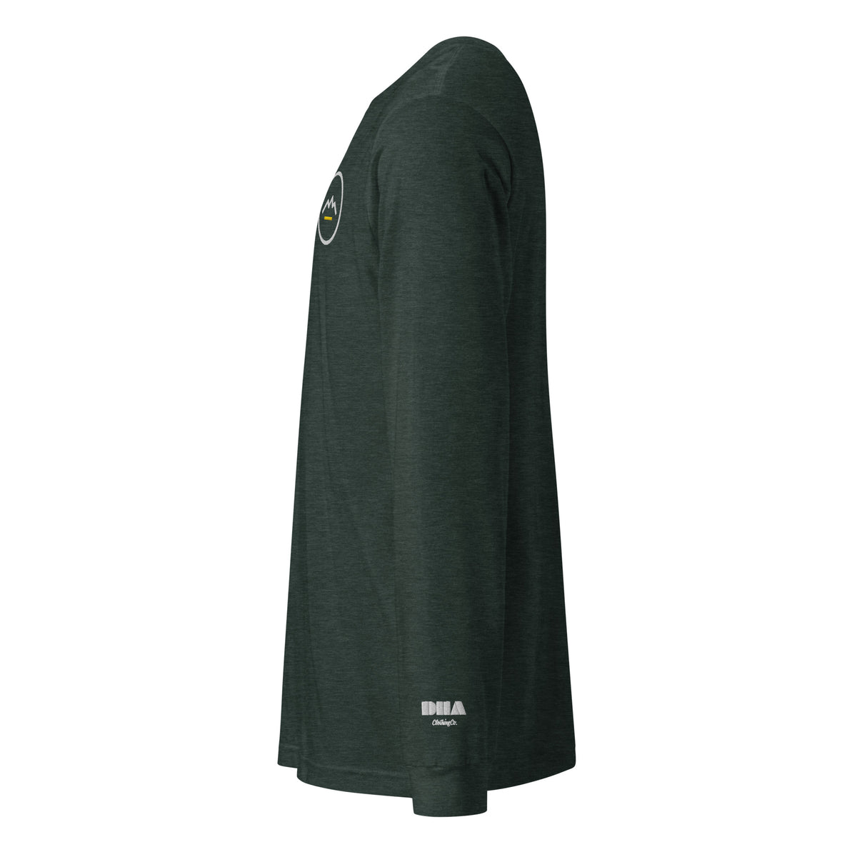Summit Emblem long sleeve t-shirt in Heather Forest — left side view with white DHA logo embroidered on the left wrist