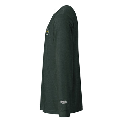Summit Emblem long sleeve t-shirt in Heather Forest — left side view with white DHA logo embroidered on the left wrist
