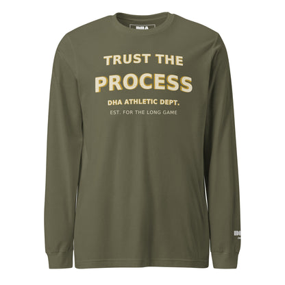 Trust the Process Long Sleeve T-Shirt in Military Green — front view with cream and mustard motivational print