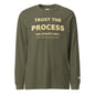 Trust the Process Long Sleeve T-Shirt in Military Green — front view with cream and mustard motivational print