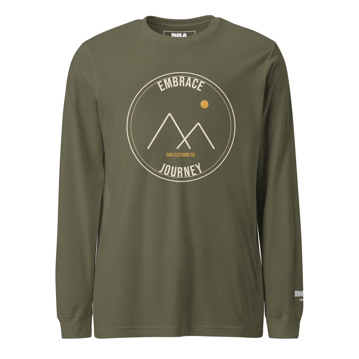 Summit long sleeve t-shirt in Military Green — front view with cream and gold Summit badge print