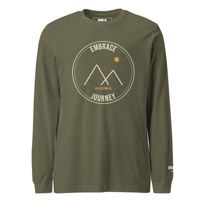 Summit long sleeve t-shirt in Military Green — front view with cream and gold Summit badge print