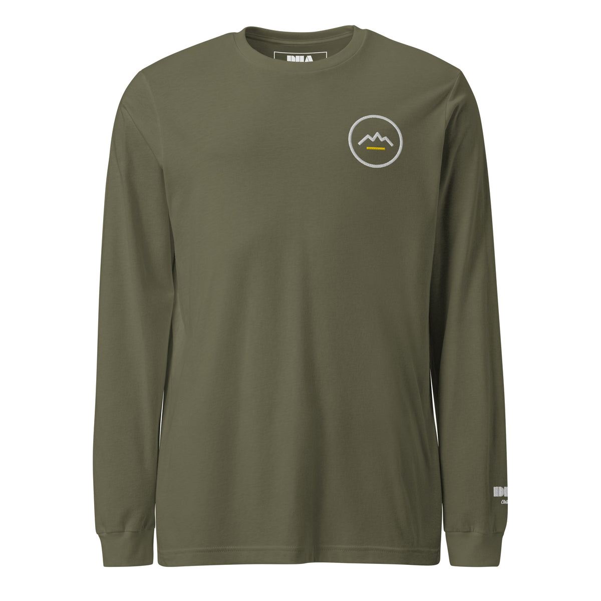 Summit Emblem long sleeve t-shirt in Military Green — front view with cream and gold Summit emblem embroidered at the left chest