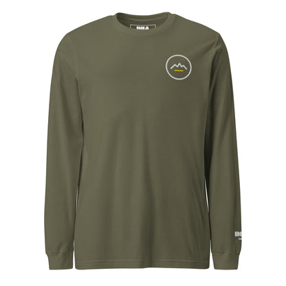 Summit Emblem long sleeve t-shirt in Military Green — front view with cream and gold Summit emblem embroidered at the left chest