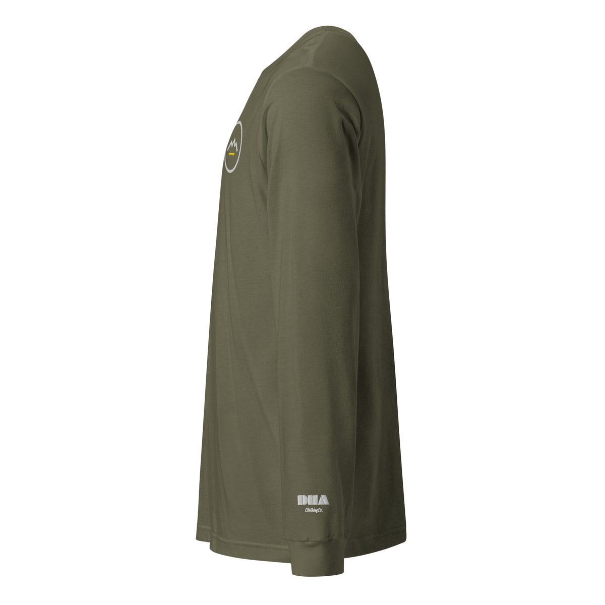 Summit Emblem long sleeve t-shirt in Military Green — left side view with white DHA logo embroidered on the left wrist
