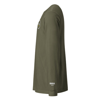 Summit Emblem long sleeve t-shirt in Military Green — left side view with white DHA logo embroidered on the left wrist