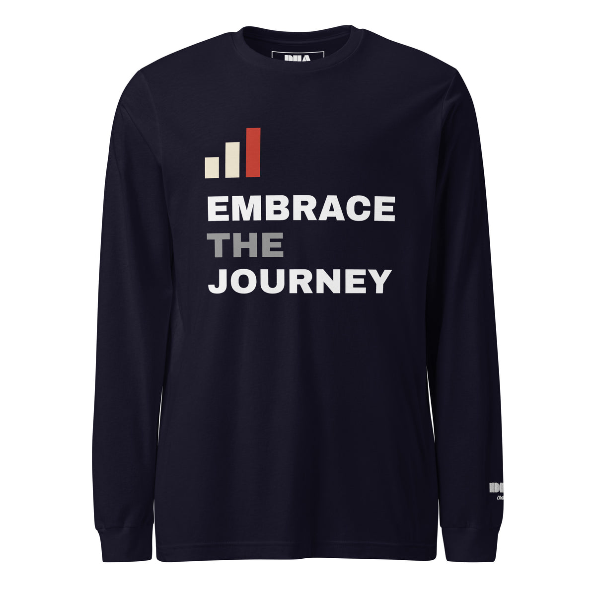 Embrace the Journey Clean Stack Long Sleeve T-Shirt in Navy — front view with stacked wordmark print