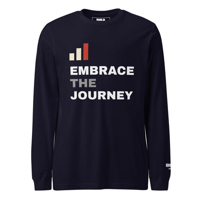 Embrace the Journey Clean Stack Long Sleeve T-Shirt in Navy — front view with stacked wordmark print