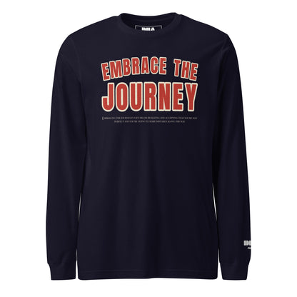 Embrace the Journey Long Sleeve T-Shirt in Navy — front view with varsity arch print