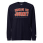 Embrace the Journey Long Sleeve T-Shirt in Navy — front view with varsity arch print