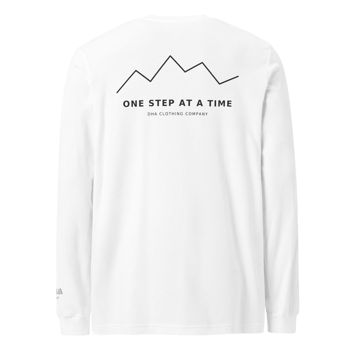 One Step at a Time Long Sleeve T-Shirt in White — back view with full One Step at a Time mountain graphic