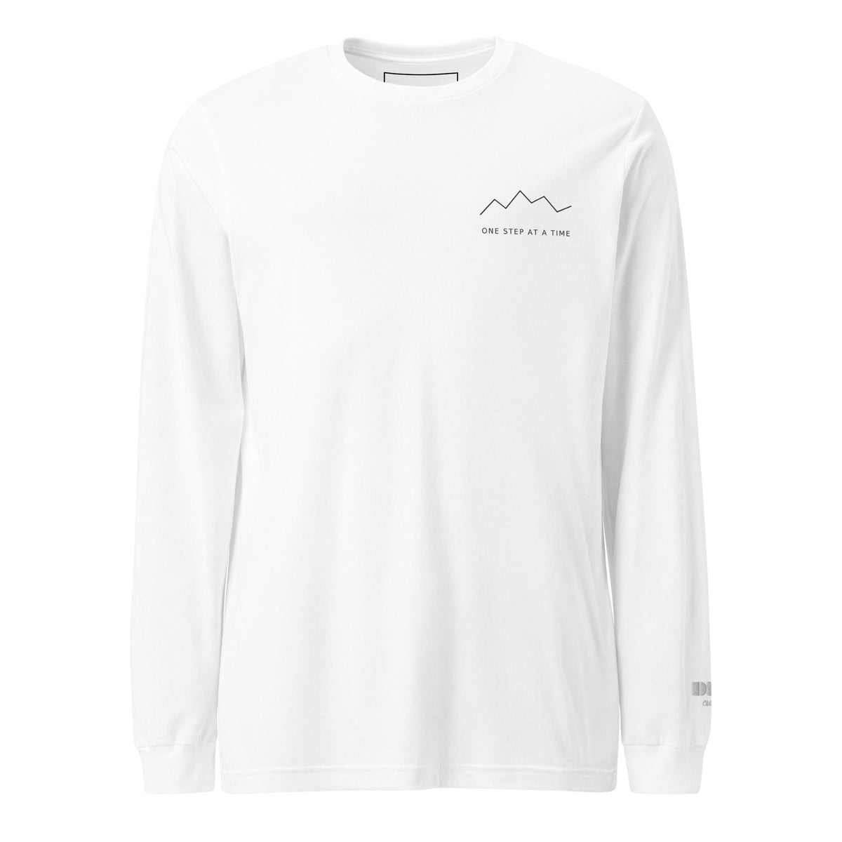 One Step at a Time Long Sleeve T-Shirt in White — front view with charcoal left-chest mountain print