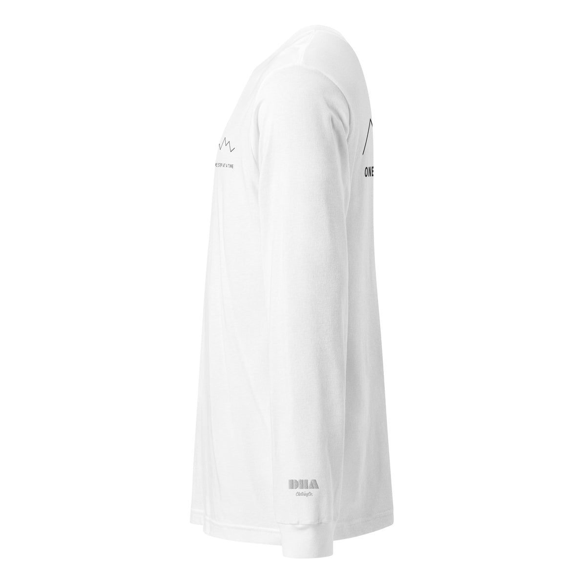 One Step at a Time Long Sleeve T-Shirt in White — left view with DHA logo wrist print