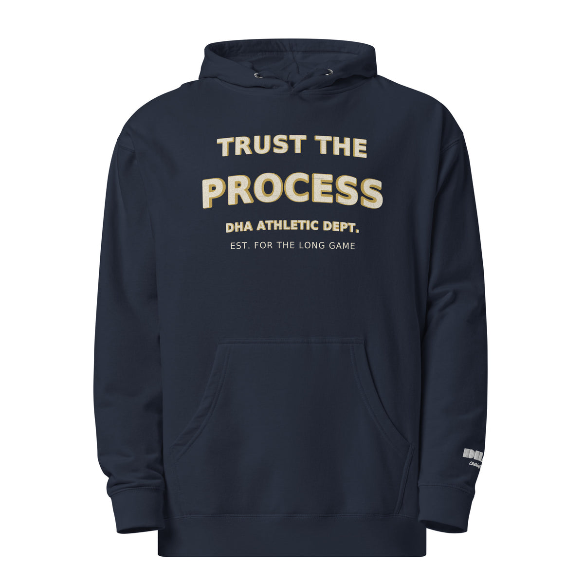 Trust the Process hoodie in Classic Navy — front view