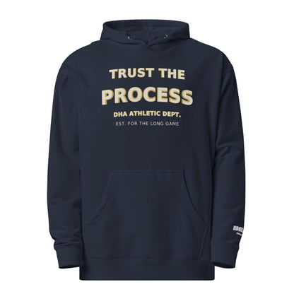 Trust the Process hoodie in Classic Navy — front view