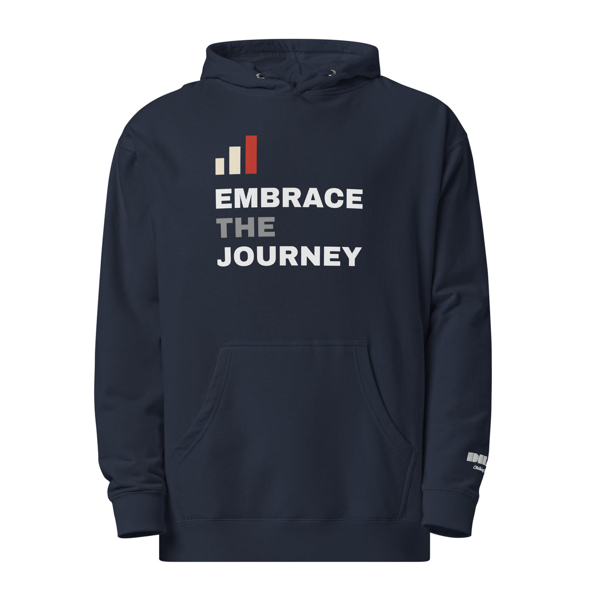 Embrace the Journey Clean Stack hoodie in Classic Navy — front view