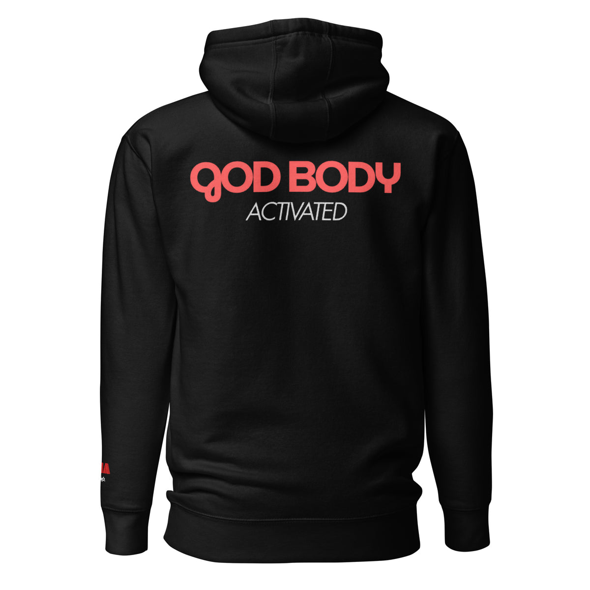 GOD BODY ACTIVATED Hoodie – Embroidered — Root, black back view with GOD BODY ACTIVATED DTG printed across the back