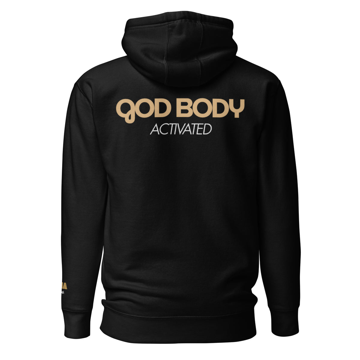 GOD BODY ACTIVATED Hoodie – Embroidered — Solar Plexus, black back view with GOD BODY ACTIVATED DTG printed across the back