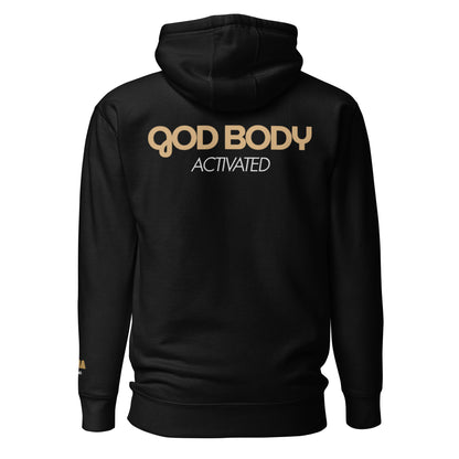 GOD BODY ACTIVATED Hoodie – Embroidered — Solar Plexus, black back view with GOD BODY ACTIVATED DTG printed across the back