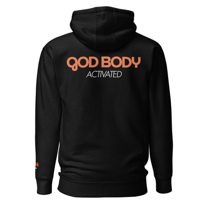 GOD BODY ACTIVATED Hoodie – Embroidered — Sacral, black back view with GOD BODY ACTIVATED DTG printed across the back