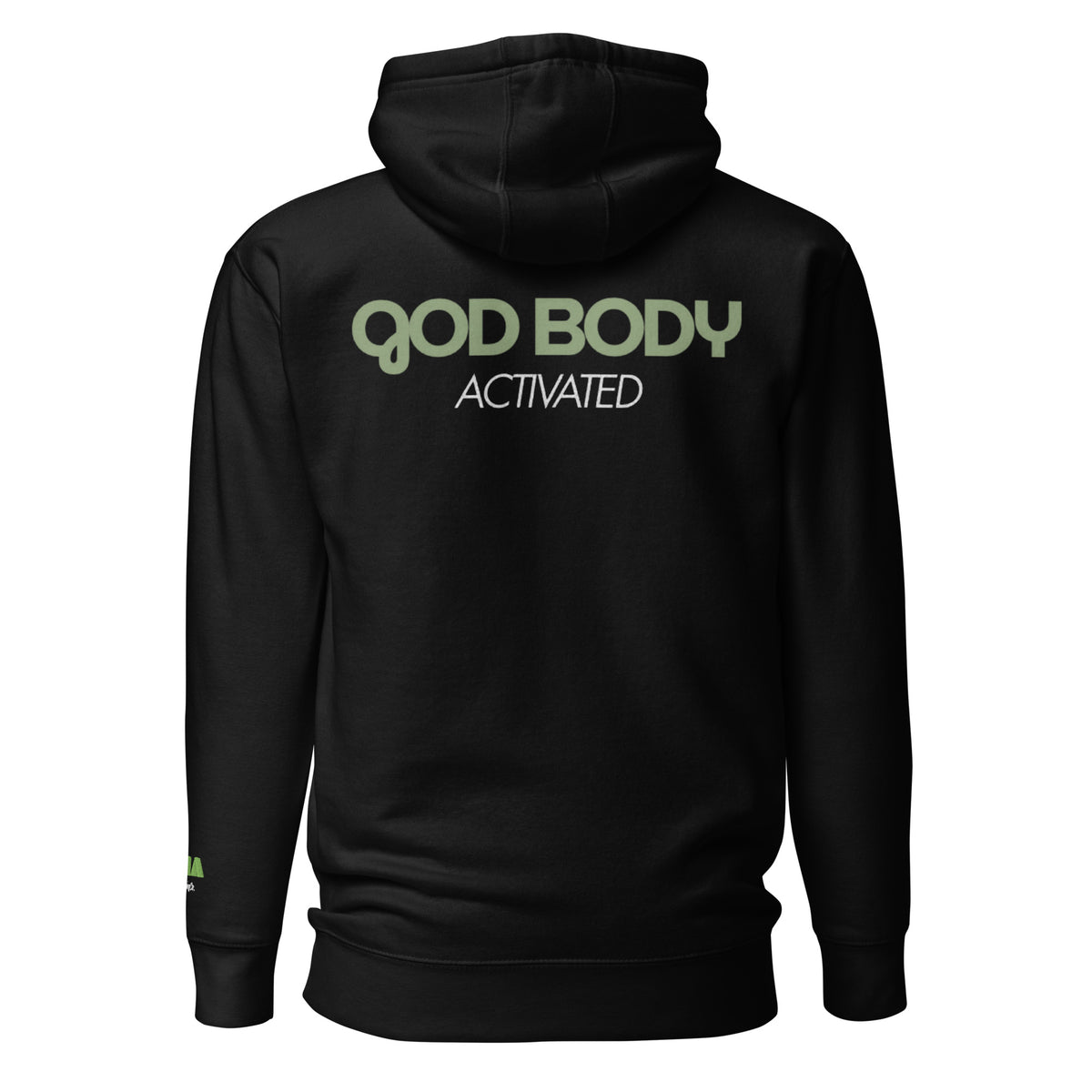 GOD BODY ACTIVATED Hoodie – Embroidered — Heart, black back view with GOD BODY ACTIVATED DTG printed across the back