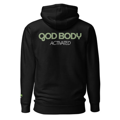 GOD BODY ACTIVATED Hoodie – Embroidered — Heart, black back view with GOD BODY ACTIVATED DTG printed across the back