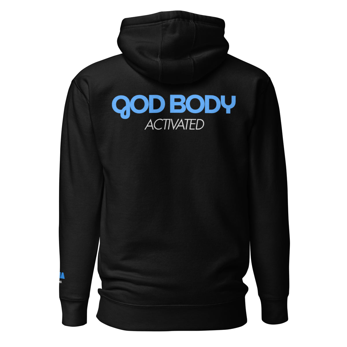 GOD BODY ACTIVATED Hoodie – Embroidered — Throat, black back view with GOD BODY ACTIVATED DTG printed across the back