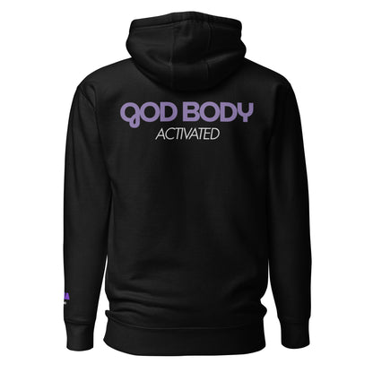 GOD BODY ACTIVATED Hoodie – Embroidered — Crown, black back view with GOD BODY ACTIVATED DTG printed across the back
