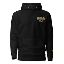GOD BODY ACTIVATED Hoodie – Embroidered — Solar Plexus, black front view with the DHA lockup embroidered at the left chest