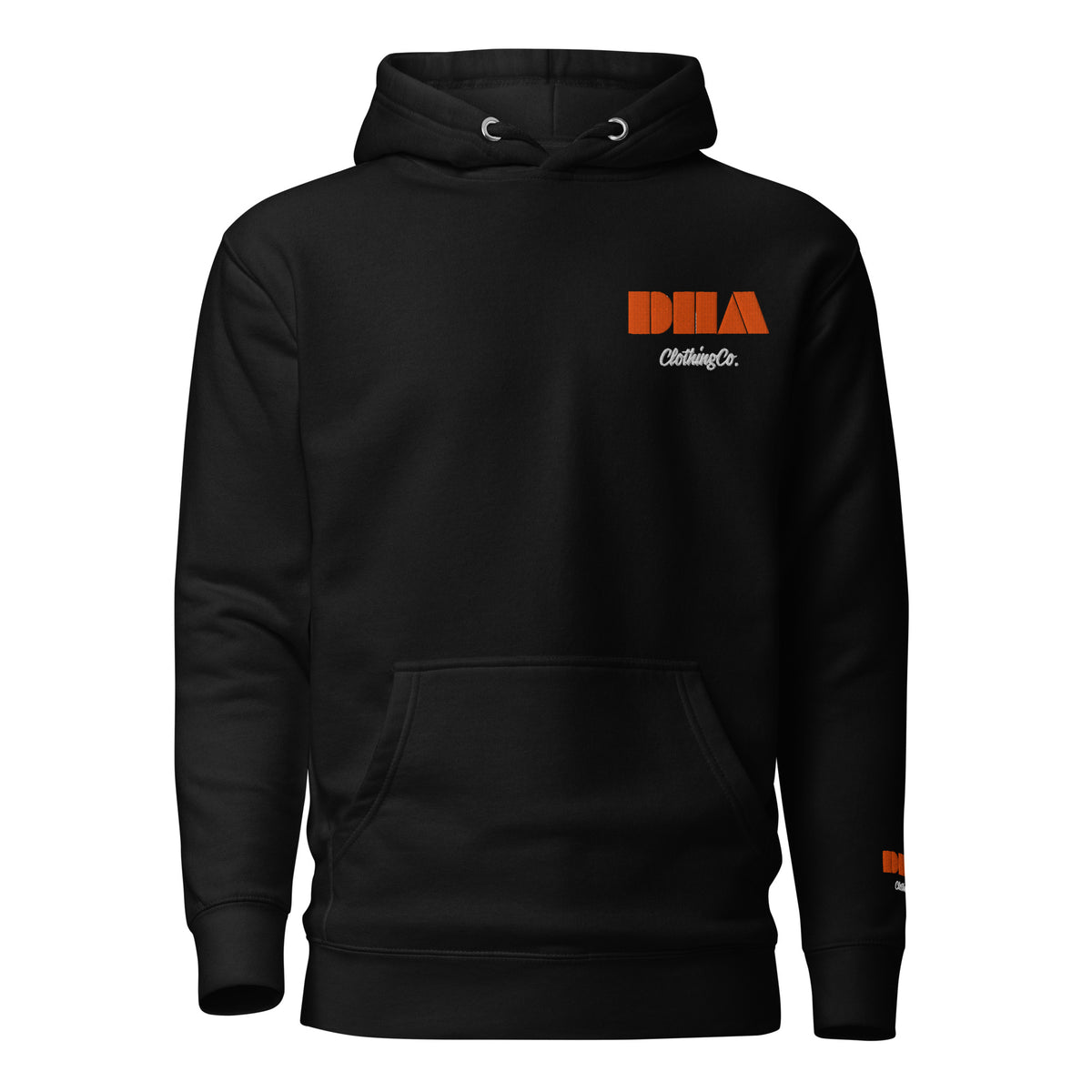 GOD BODY ACTIVATED Hoodie – Embroidered — Sacral, black front view with the DHA lockup embroidered at the left chest