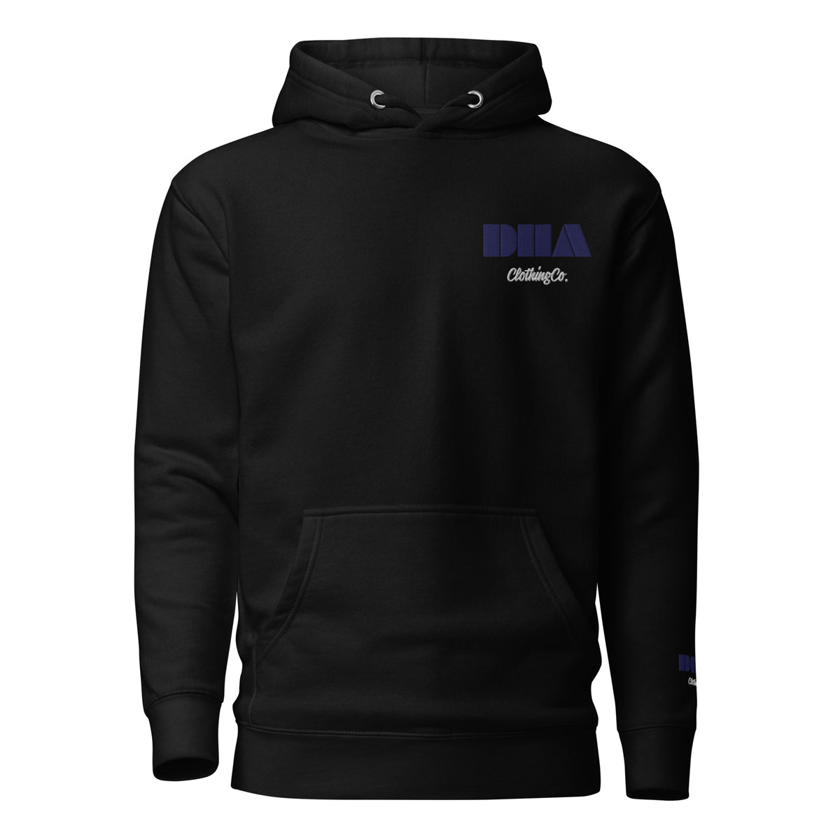GOD BODY ACTIVATED Hoodie – Embroidered — Third Eye, black front view with the DHA lockup embroidered at the left chest